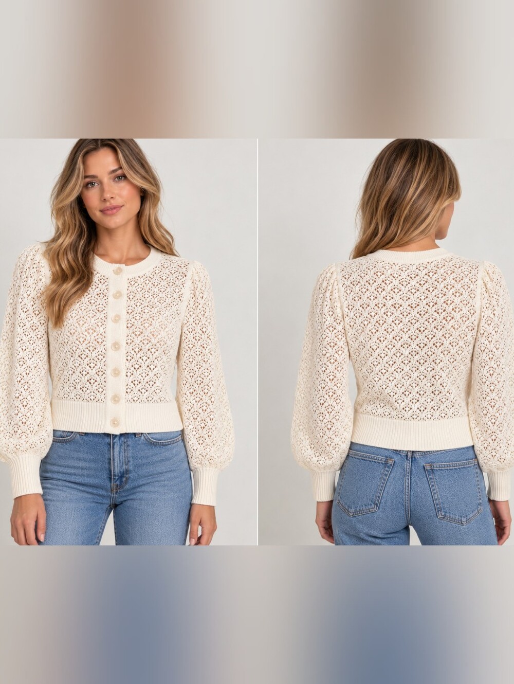 Magaschoni Creamy White Pointelle Crochet Knit Button Cardigan